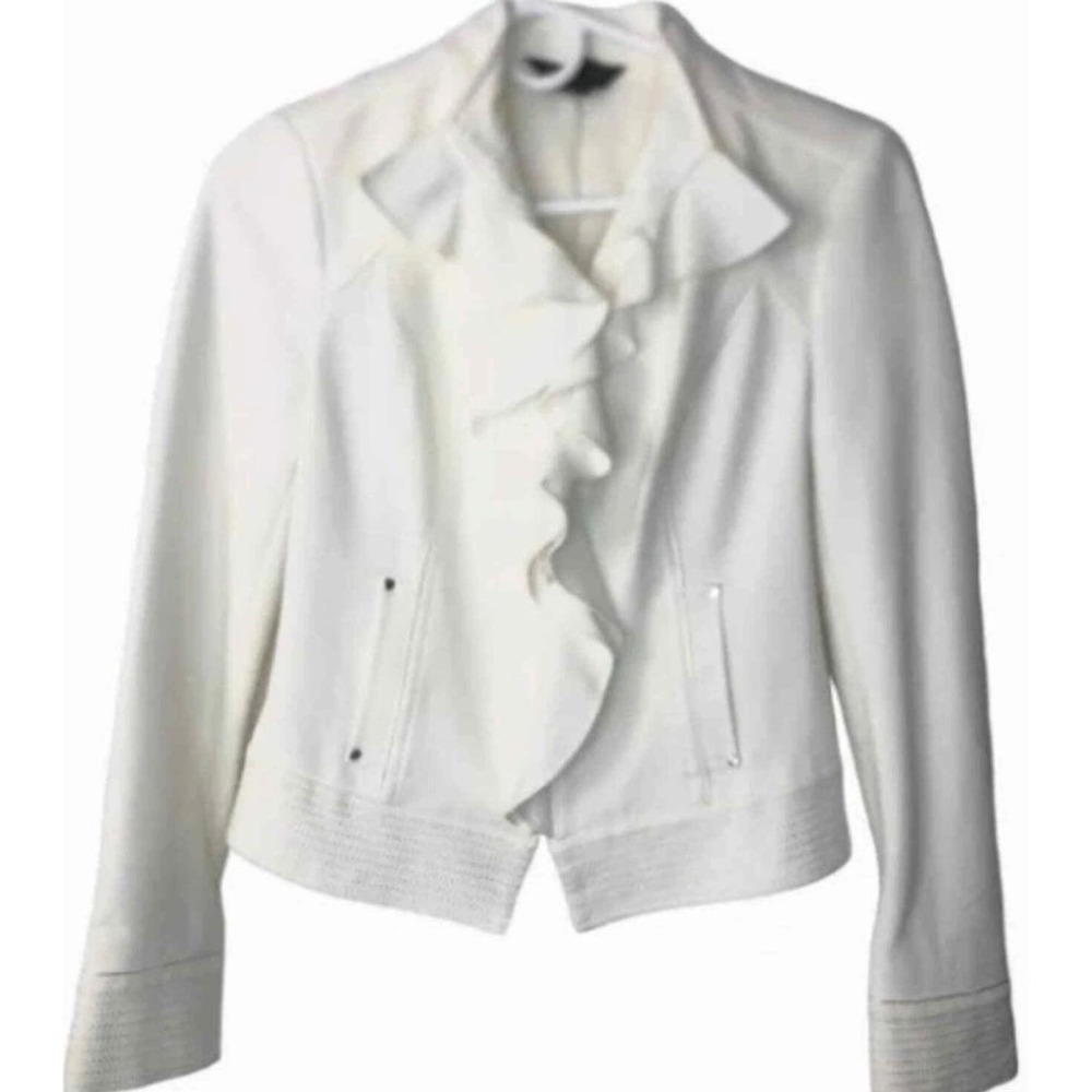 White House Black Market Ruffle Front Blazer Jacket White Size 0‎